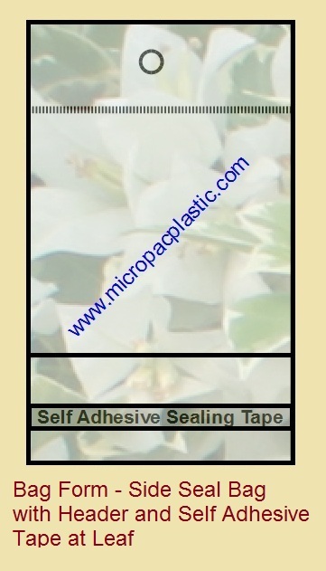 bag form side seal bag with header and self adhesive tape at leaf